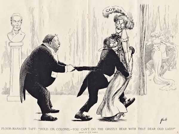 Edward W. Kemble, "Floor Manager Taft: Hold On Colonel – You Can't Do The Grizzly Bear With That Dear Old Lady!" Harper's Weekly, February 24, 1912