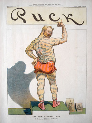 Udo J. Keppler, "The New Tattooed Man: He Makes an Exhibition of Himself," Puck, April 10, 1912